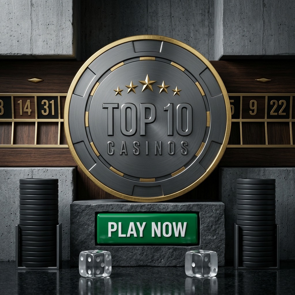 Amber Room social casino: a Top 10 Casinos token on a stone plinth with a Play Now button, roulette wheel and chips.